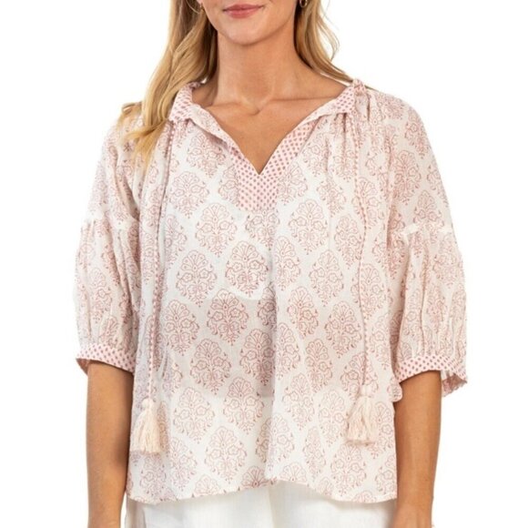 Alamwar V-Neck Puff Sleeve Popover Boho Peasant Blouse Lightweight Top Small - Picture 11 of 11